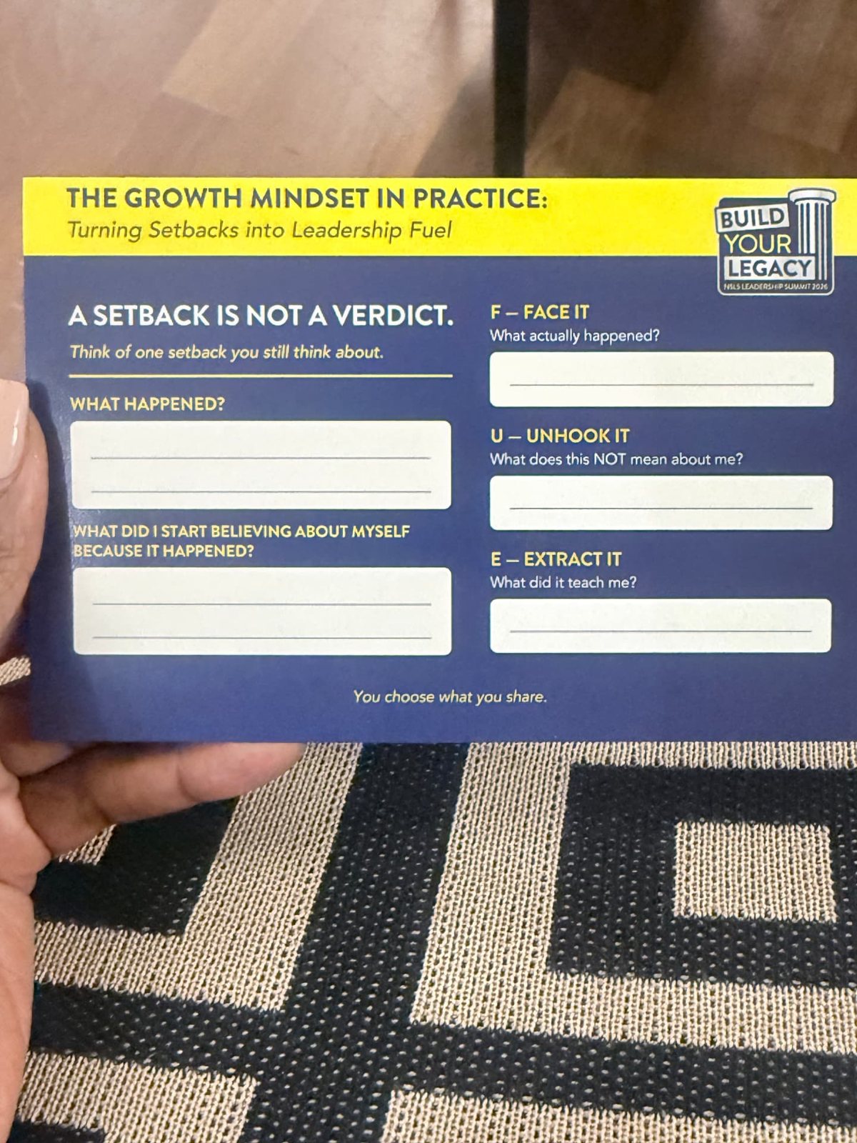 Handout card: The Growth Mindset in Practice — A setback is not a verdict, with Face it, Unhook it and Extract it prompts