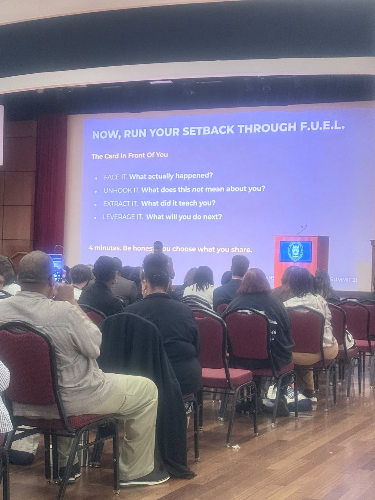 Session room with a slide titled Now, run your setback through F.U.E.L.