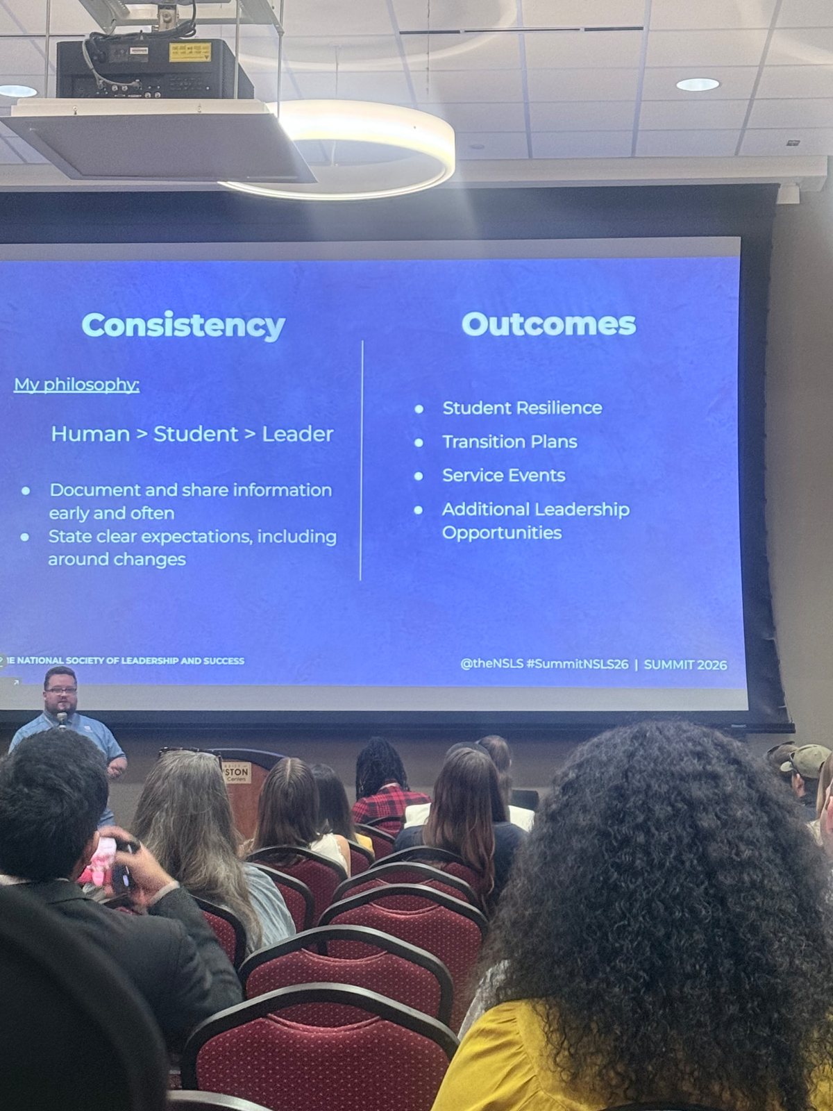 Slide with Consistency and Outcomes columns and the philosophy Human, Student, Leader